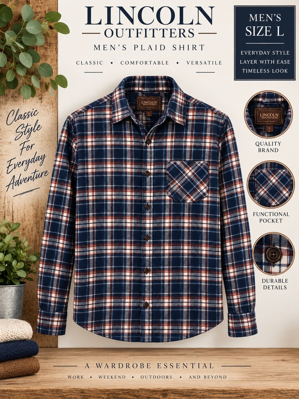 Lincoln Outfitters Men's Navy Plaid Button-Down Shirt